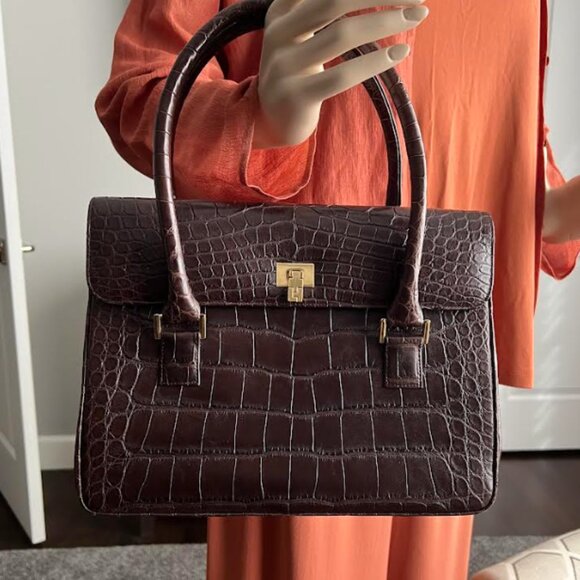 $7.5K LAMBERTSON TRUEX TIFFANY BROWN CROCODILE BOXCAR PURSE BAG - Picture 10 of 11